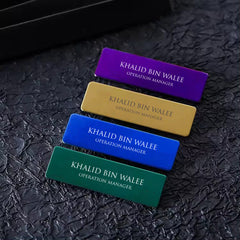 Glossy Metal Name Tags with Custom Laser Engraving
