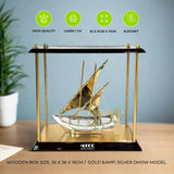 Gold & Silver Boat Model in Wooden Display Case