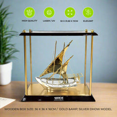 Gold & Silver Boat Model in Wooden Display Case