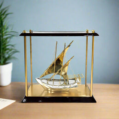 Gold & Silver Boat Model in Wooden Display Case