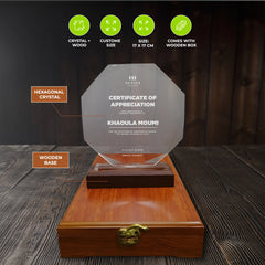 Octagon Shape Crystal Award with Wooden Base