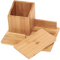 3 In 1 Wood Box Bamboo Desk Organizer 15W Wireless Charger