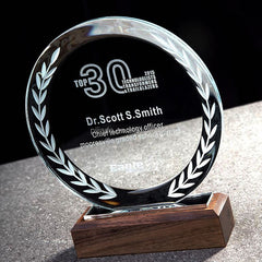 Custom Laser Engraved Round Crystal Trophy with Wooden Base