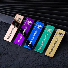 Glossy Metal Name Tags with Custom Laser Engraving
