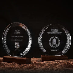 Custom Laser Engraved Round Crystal Trophy with Wooden Base