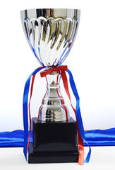 Silver Trophy with Red and Blue Ribbon