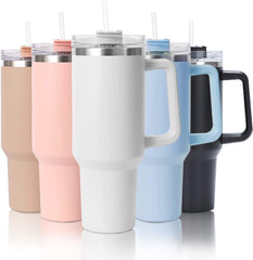 cotton yangda 40oz Stainless Steel Vacuum Insulated Cup Double Wall Travel Flask Car Coffee Mug Tumbler with Straw with Handle for Hot Iced Coffee (White)