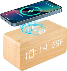 Wooden Wireless charger with Digital clock and Temperature LED display