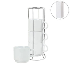 Ceramic Coffee Cups Set 4Pcs in Silver Metal Rack