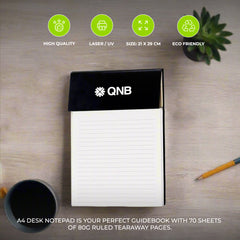 A4 Ruled Desk Notepad with Pen, Ruler and U-clips