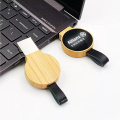 Bamboo Round LED Logo USB with Strap