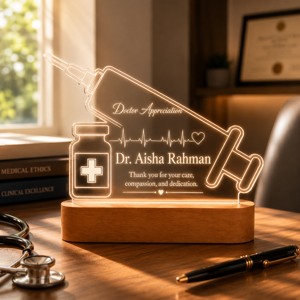 Custom Acrylic Frame with LED Wooden Base