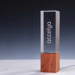 Cuboid Shaped Crystal Award with Wooden Base
