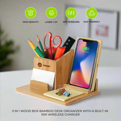 3 In 1 Wood Box Bamboo Desk Organizer 15W Wireless Charger