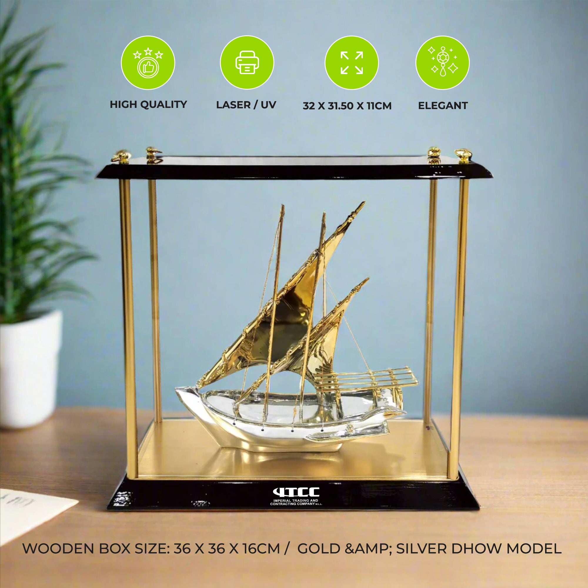 Gold & Silver Boat Model in Wooden Display Case – Gifto Graphics