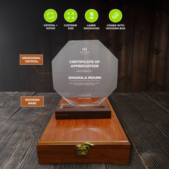 Octagon Shape Crystal Award with Wooden Base