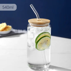 Custom Tumbler Can Shape Glass Cup Glassware  Mug With Bamboo Lid And Glass Straws