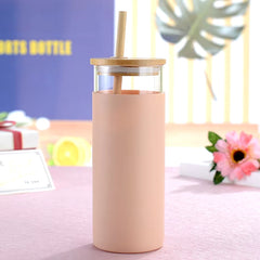 Glass Water Tumbler With Bamboo Lid Straw