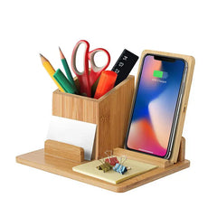 3 In 1 Wood Box Bamboo Desk Organizer 15W Wireless Charger