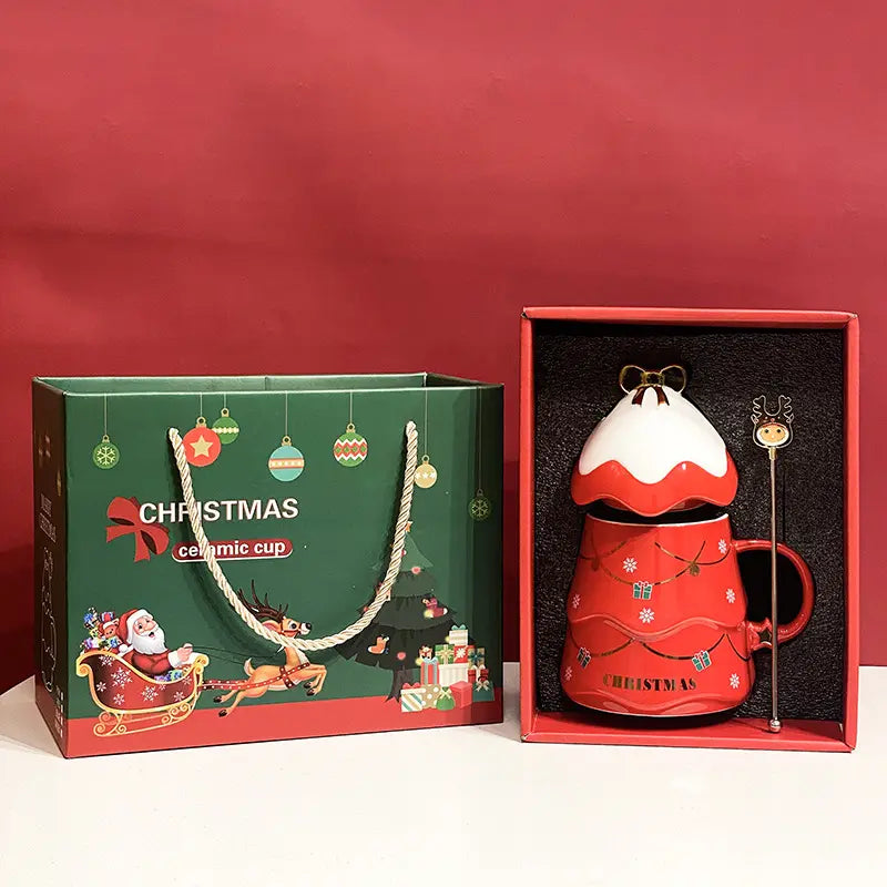 Christmas Gift Ceramic Mug Creative Christmas Tree Mug with Lid Spoon Household Coffee Cup Gift Set