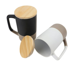 Two-toned Ceramic Mugs with Clay Bottom, Bamboo Lid