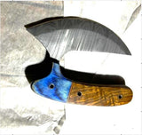 Damascus Push Knife with Blue and Brown Grip