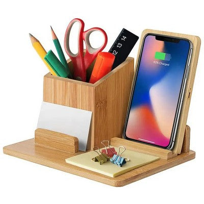 Bamboo QI Fast Wireless Charging Pad with stationery Pad