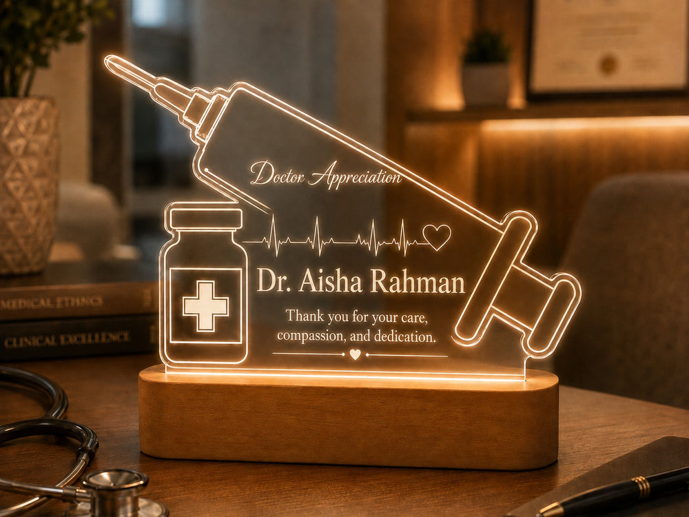 Custom Acrylic Frame with LED Wooden Base