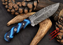 Damascus Steel Feather Knife Black & Blue Handle