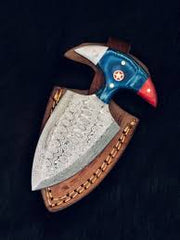 Damascus Steel push Dagger in Blue And Red handle