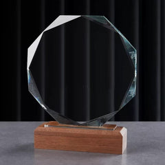 Octagon Shape Crystal Award with Wooden Base