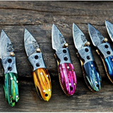Handmade Damascus Pocket Folding Knife with Mammoth Tooth Handle