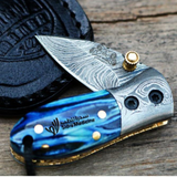 Handmade Damascus Pocket Folding Knife with Mammoth Tooth Handle