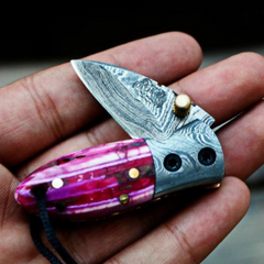 Handmade Damascus Pocket Folding Knife with Mammoth Tooth Handle