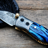 Damascus Neck Knives Handmade Damascus Pocket Folding Knife with Mammoth Tooth Handle