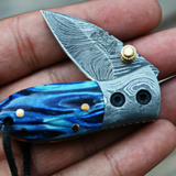 Damascus Neck Knives Handmade Damascus Pocket Folding Knife with Mammoth Tooth Handle
