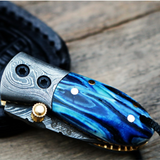 Damascus Neck Knives Handmade Damascus Pocket Folding Knife with Mammoth Tooth Handle