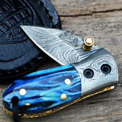 Damascus Neck Knives Handmade Damascus Pocket Folding Knife with Mammoth Tooth Handle