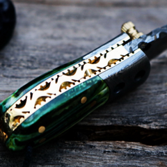 Green Tsetse Fly 1.2 Inches Blade Damascus Neck Knives Handmade Damascus Pocket Folding Knife with Mammoth Tooth Handle
