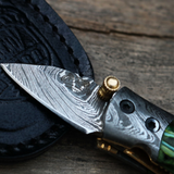 Green Tsetse Fly 1.2 Inches Blade Damascus Neck Knives Handmade Damascus Pocket Folding Knife with Mammoth Tooth Handle