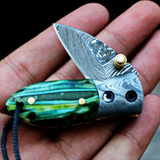 Green Tsetse Fly 1.2 Inches Blade Damascus Neck Knives Handmade Damascus Pocket Folding Knife with Mammoth Tooth Handle