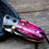 Pink Tsetse Fly 1.2 Inches Blade Damascus Neck Knives Handmade Damascus Pocket Folding Knife with Mammoth Tooth Handle