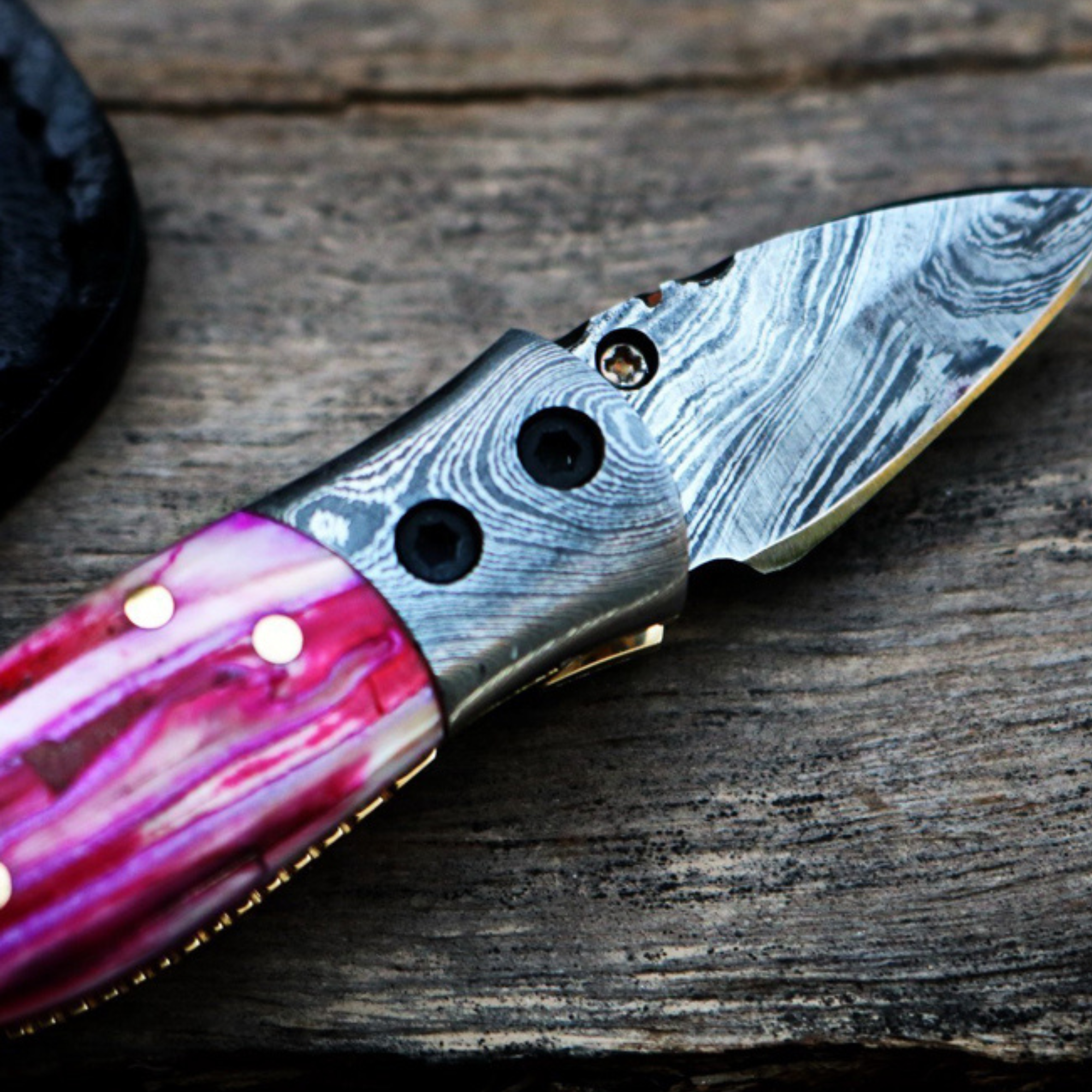Pink Tsetse Fly 1.2 Inches Blade Damascus Neck Knives Handmade Damascus Pocket Folding Knife with Mammoth Tooth Handle