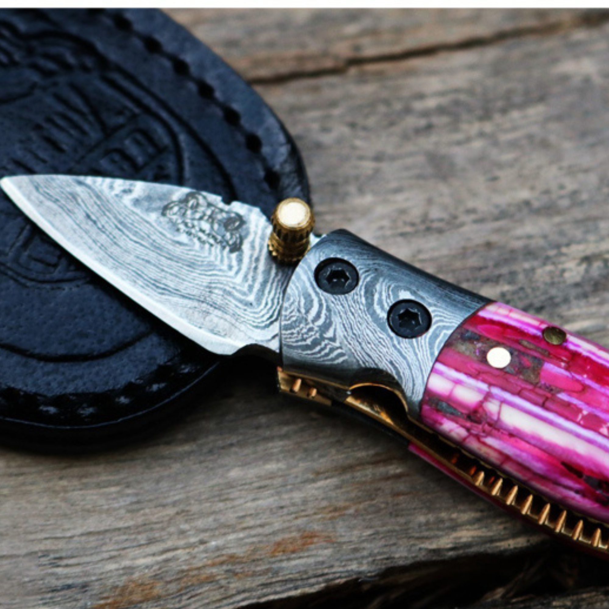 Pink Tsetse Fly 1.2 Inches Blade Damascus Neck Knives Handmade Damascus Pocket Folding Knife with Mammoth Tooth Handle