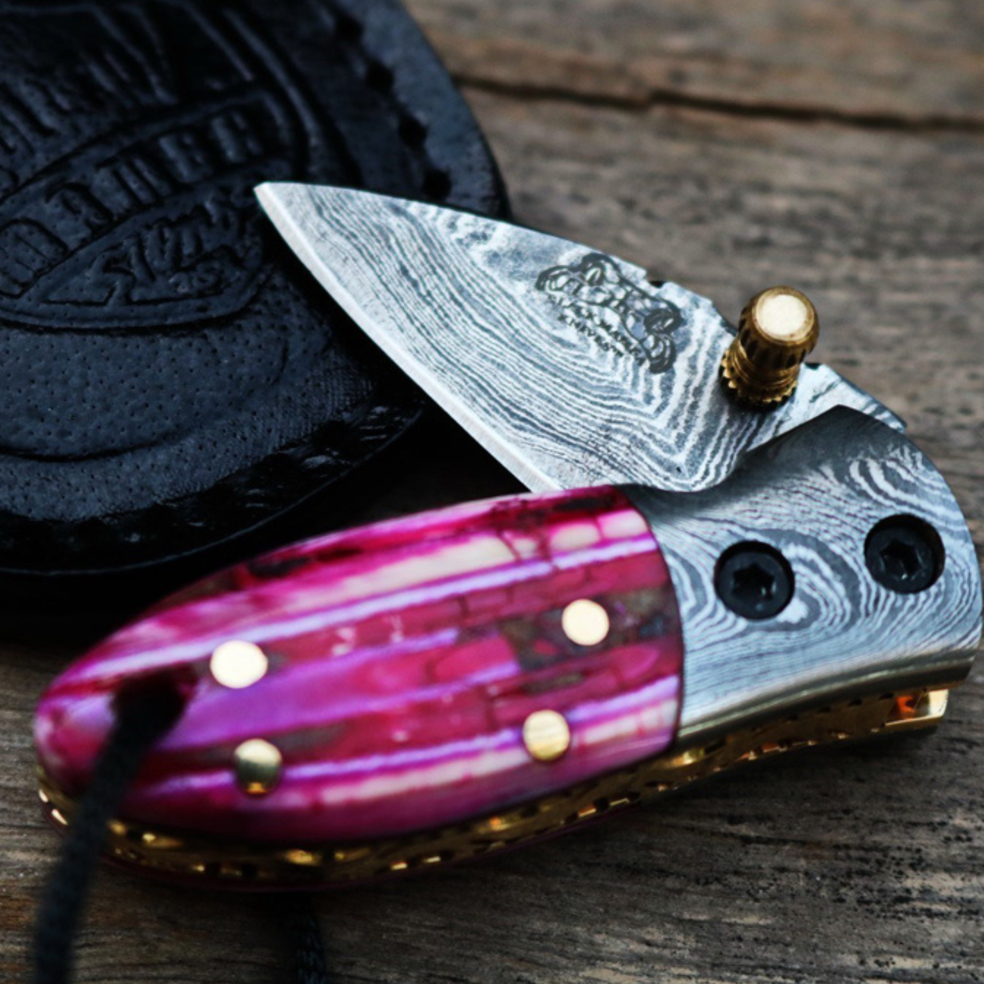 Pink Tsetse Fly 1.2 Inches Blade Damascus Neck Knives Handmade Damascus Pocket Folding Knife with Mammoth Tooth Handle