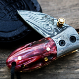 RED Tsetse Fly 1.2 Inches Blade Damascus Neck Knives Handmade Damascus Pocket Folding Knife with Mammoth Tooth Handle