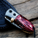 RED Tsetse Fly 1.2 Inches Blade Damascus Neck Knives Handmade Damascus Pocket Folding Knife with Mammoth Tooth Handle