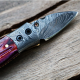 RED Tsetse Fly 1.2 Inches Blade Damascus Neck Knives Handmade Damascus Pocket Folding Knife with Mammoth Tooth Handle