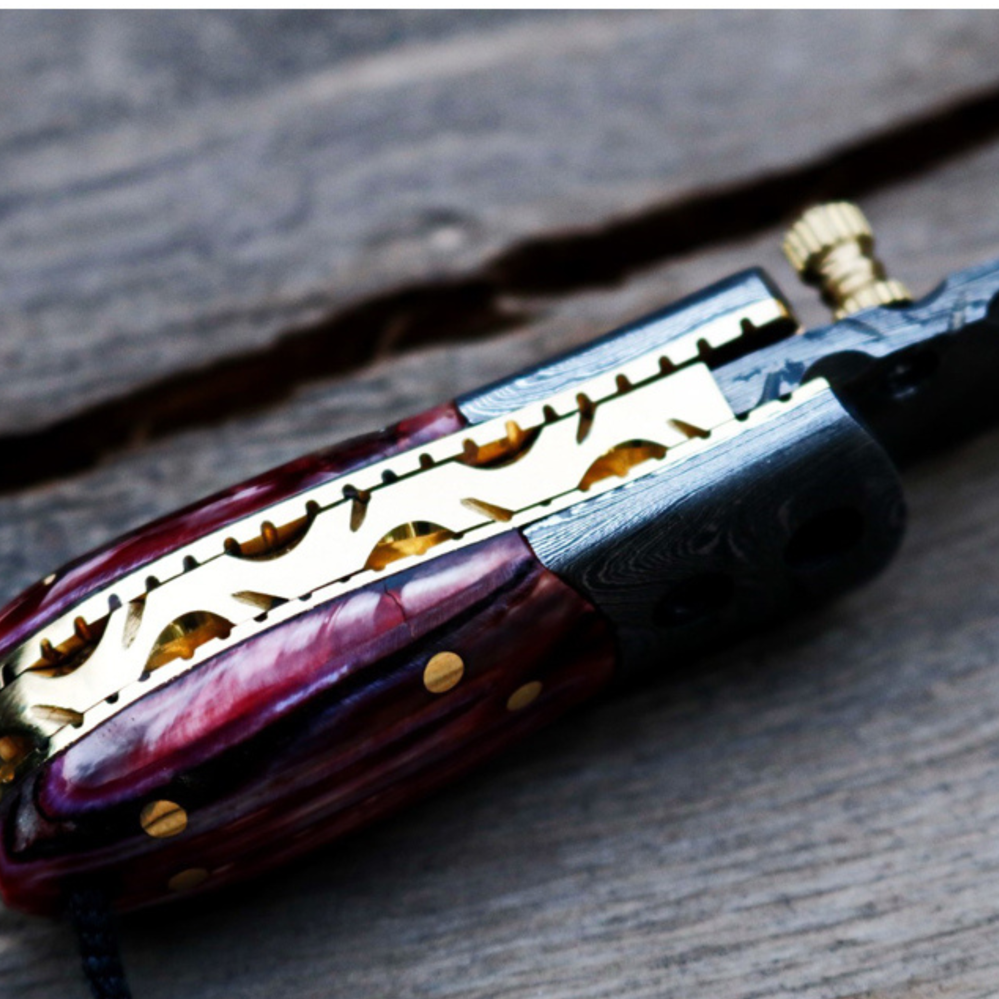 RED Tsetse Fly 1.2 Inches Blade Damascus Neck Knives Handmade Damascus Pocket Folding Knife with Mammoth Tooth Handle