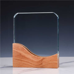 Square Crystal Award with Wooden Base